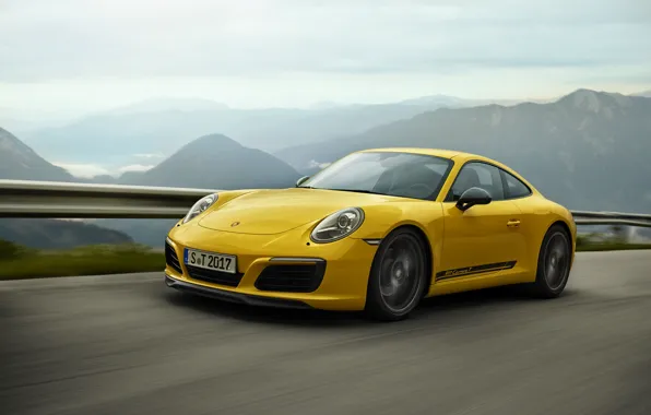 Обои жёлтый, 911 Carrera T, дорога, Porsche, ограждение, горный пейзаж