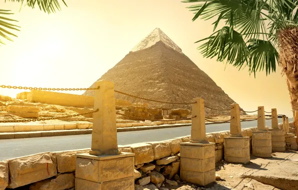 Обои дорога, пирамида, Египет, Cairo, камни, пальмы, солнце
