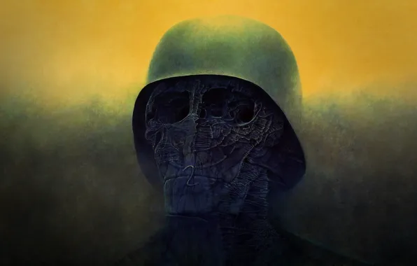 Обои смерть, каска, ужас, art, мутант, Zdzisław Beksiński, череп, глазницы