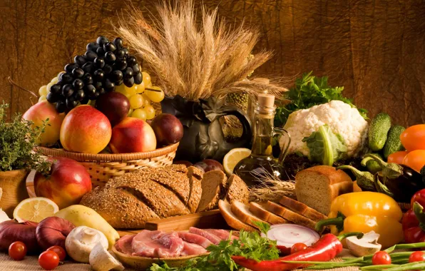 Обои лук, виноград, яблоки, мясо, баклажан, хлеб, огурцы, колоски, овощи, грибы, масло, лимон, перец