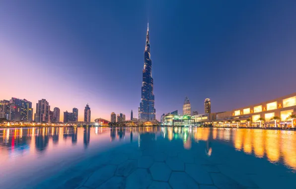 Обои здания, ОАЭ, Burj Khalifa, вода, Дубай, ночной город, небоскрёб, Dubai, Бурдж-Халифа, отражение, UAE