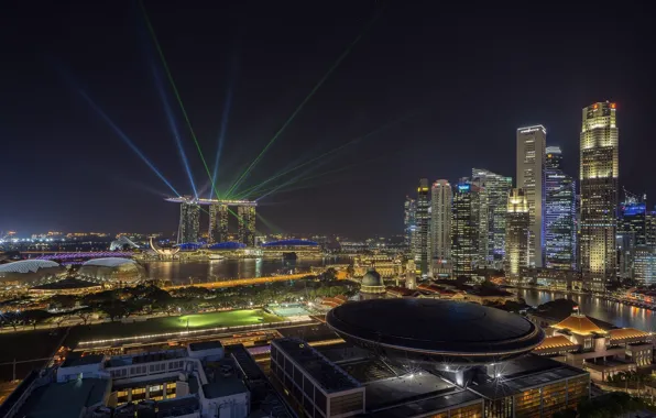 Обои город, Сингапур, Singapore city, лазерные огни, ночь, лучи