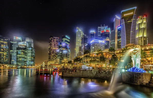 Обои город, фонтан, Сингапур, ночь, иллюминация, огни