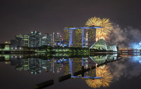 Обои салют, город, отражение, панорама, Сингапур