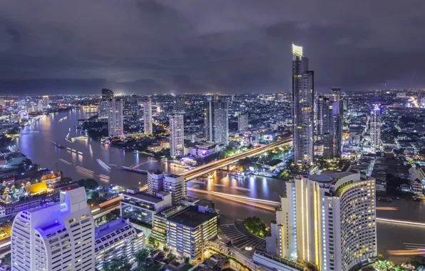 Обои пейзаж, река, Thailand, ночь, город, Bangkok, Таиланд, Бангкок, красота