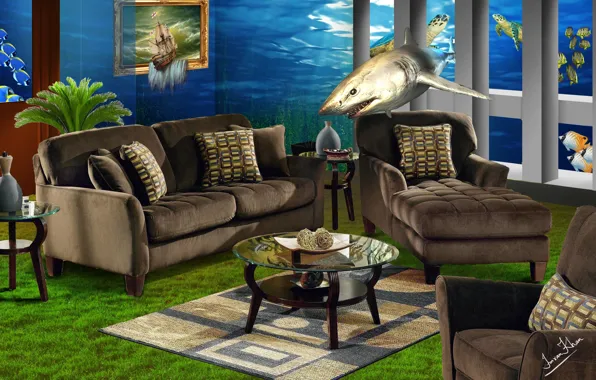 Обои рыбы, акула, интерьер, мебель, creative art