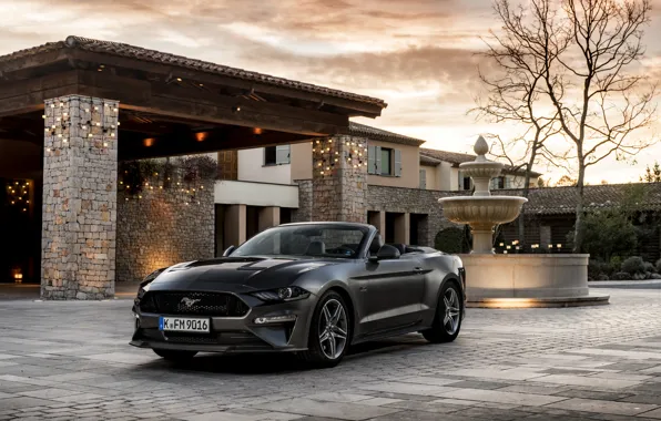 Обои Ford, фонтан, 2018, тёмно-серый, кабриолет, дом, Mustang GT 5.0 Convertible