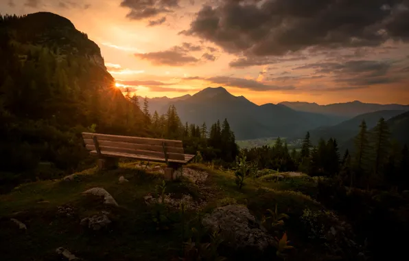 Обои закат, скамья, Reutte District, горы, Austria, Tyrol
