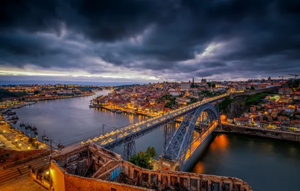 Обои река, река Дуэро, Порту, Porto, Vila Nova de Gaia, ночной город, Португалия, Portugal, мост, Douro ...