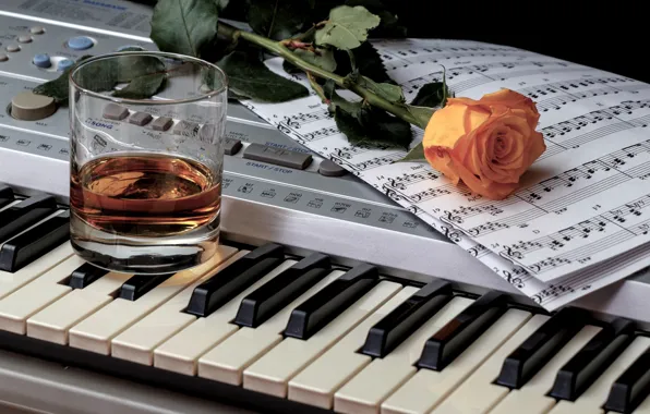 Обои стакан, ноты, роза, клавиши, виски