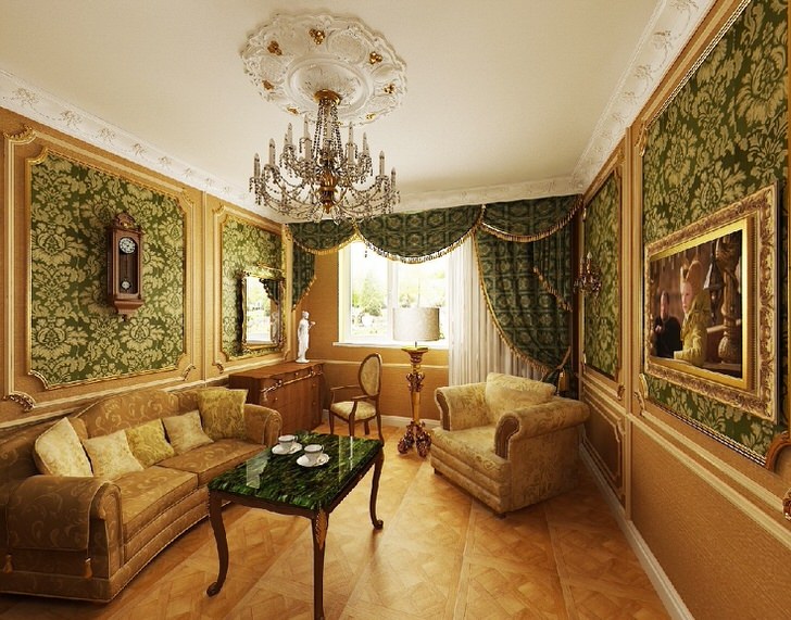 Темно-зеленые обои с золотыми узорами - отличный вариант для гостиной в стиле барокко.