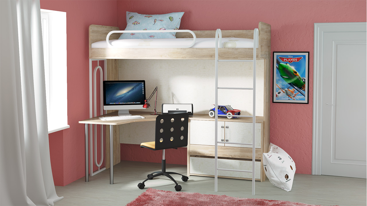 Кровать-чердак и рабочее место в комнате школьника