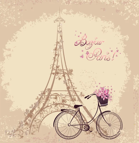 Bonjour Paris текст с Эйфелевой башни и велосипеде. романтический postc — стоковый вектор