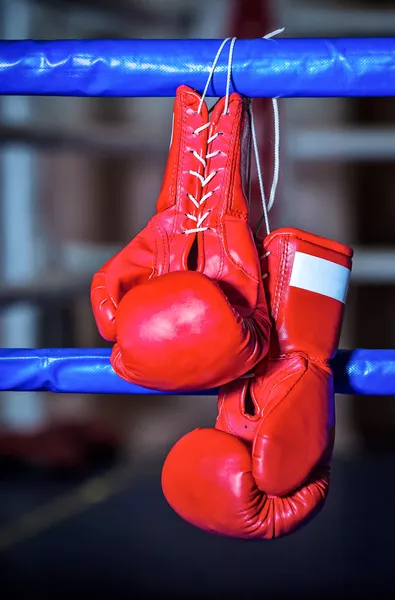 Пара красных боксерские перчатки висит с кольцом — стоковое фото
