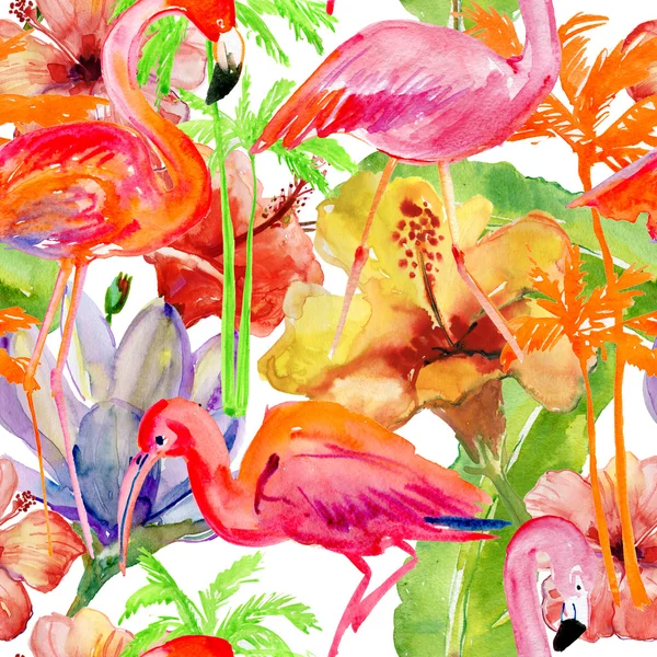 Бесшовные тропических фламинго и пальмовое дерево — стоковое фото