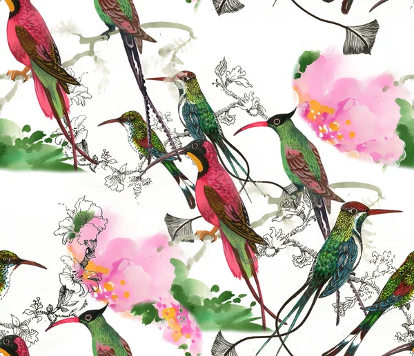 Birds and flowers seamless pattern — стоковое фото