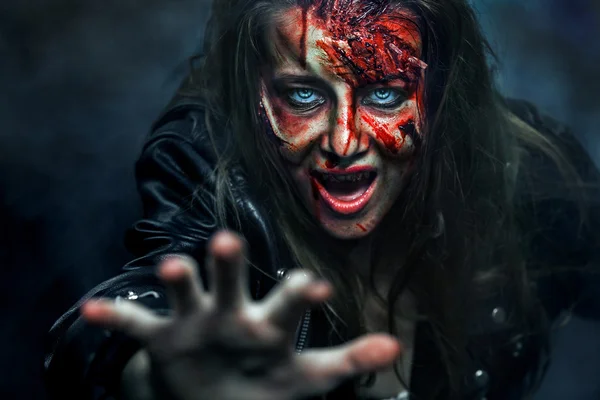 Close-up portrait of horrible zombie woman. Horror. Halloween — стоковое фото