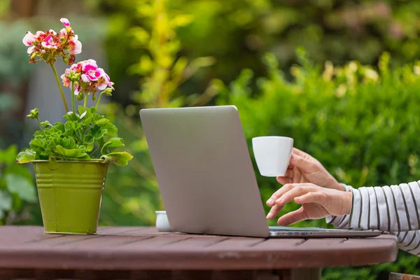 Женщины, работающие с ноутбуком на сад — стоковое фото