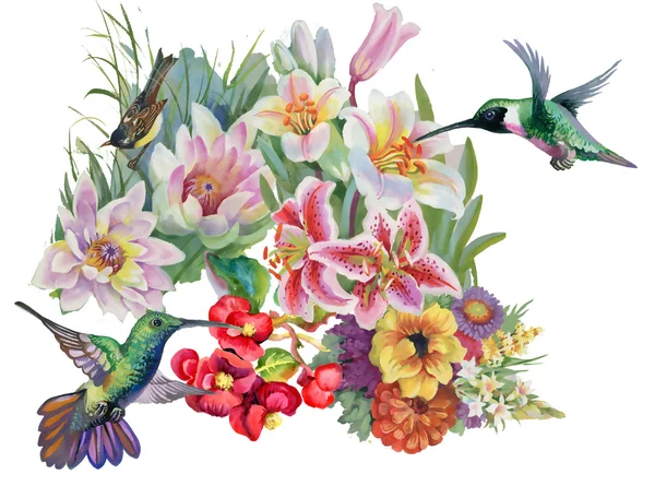 Birds with garden flowers — стоковое фото