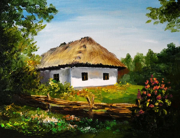 Картина маслом - дом в деревне, произведения искусства — стоковое фото