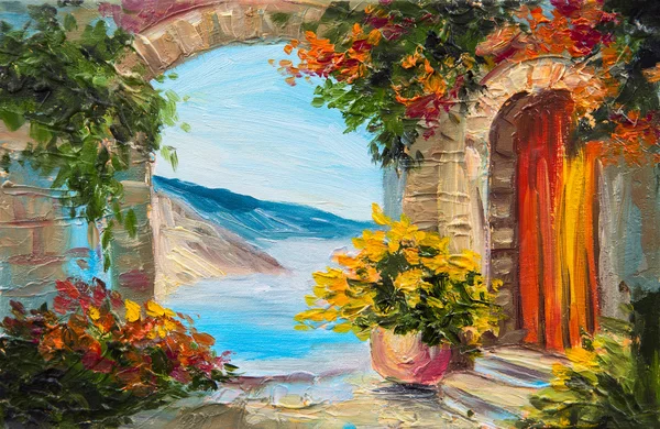 Картина маслом - дом возле моря, красочные цветы, летом морей — стоковое фото