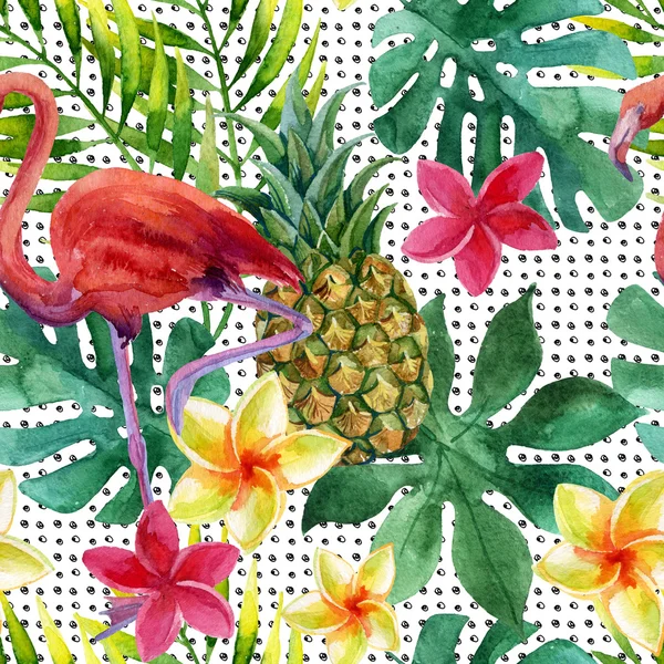 Тропические акварель ананас, цветы и листья с тенями — стоковое фото