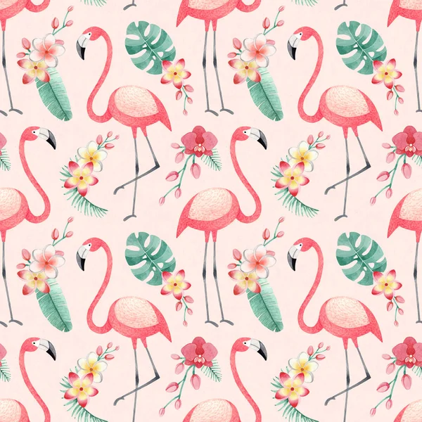 Акварельные Иллюстрации Фламинго Тропические Цветы Листья Бесшовный Узор Тропических — стоковое фото