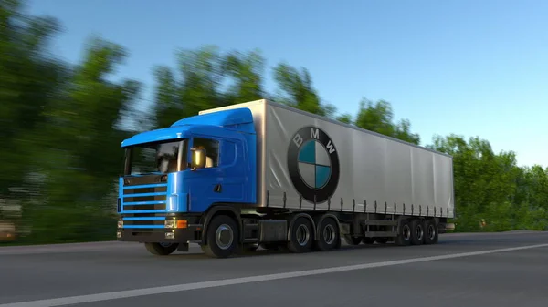 Грузовые полу грузовика с логотипом Bmw, проезжая по лесной дороге. Редакция 3d рендеринга — стоковое фото