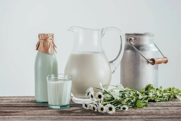 Кувшины, бутылку и стакан молока — стоковое фото