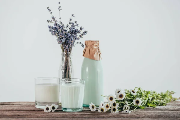 Бутылка и два стакана молока с лавандой — стоковое фото