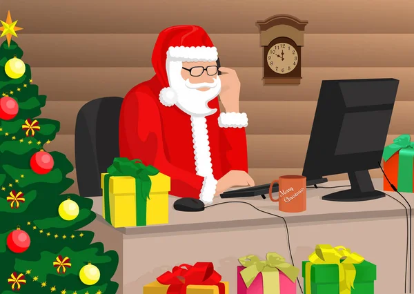 Современные Санта Клаус работает на компьютере — стоковый вектор