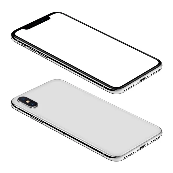 White smartphone similar to iPhone X mockup front and back sides isometric view CCW rotated lies on surface — стоковое фото