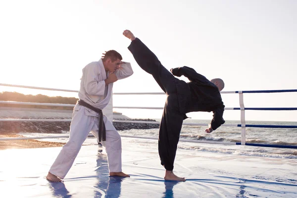 Два каратэ бойцов практикующих боевые искусства на открытом воздухе sinrise фон — стоковое фото