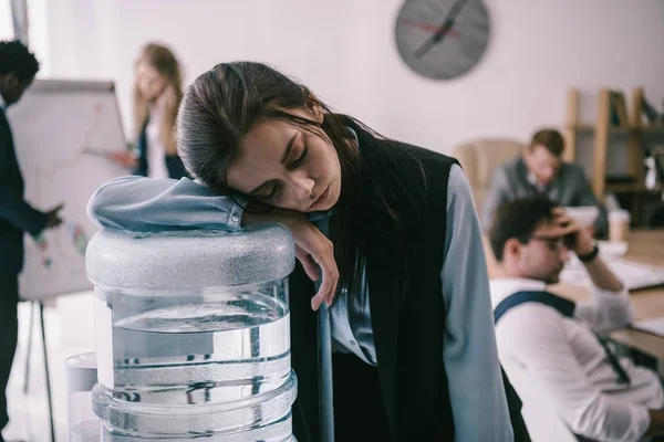 Exhausted Zombie Manager Leaning Water Dispenser Office — стоковое фото