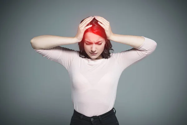 Woman Headache Red Painful Point Head Isolated Grey — стоковое фото