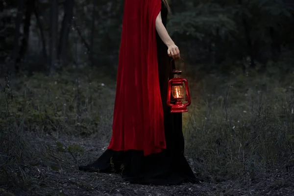 Cropped View Mystic Girl Kerosene Lamp Walking Dark Forest — стоковое фото