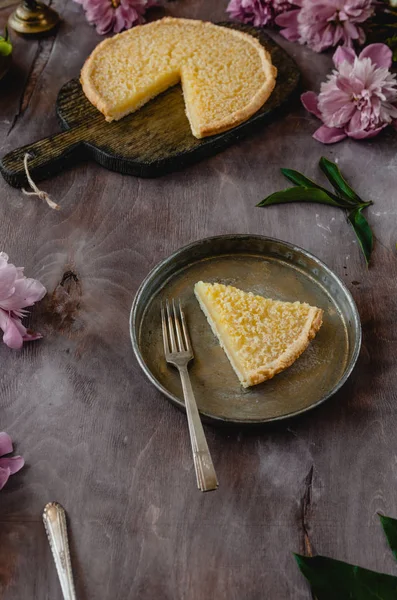 Piece Tasty Lemon Pie Plate Wooden Table — стоковое фото