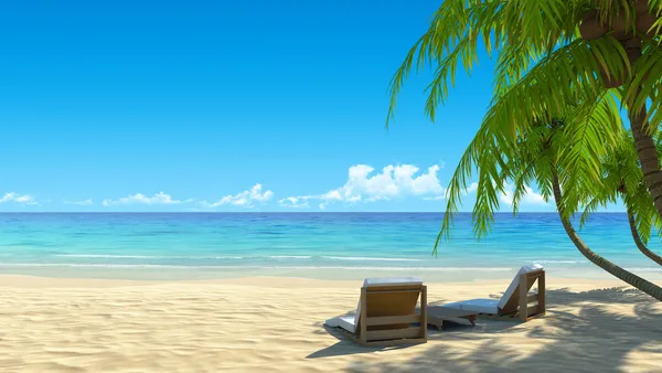Две пляжные стулья на идиллический тропический пляж с белым песком. тень от Пальмы. без шума, чистый, очень подробные 3d визуализации. концепция для праздников, Спа, курорт дизайн Лицензионные Стоковые Фото