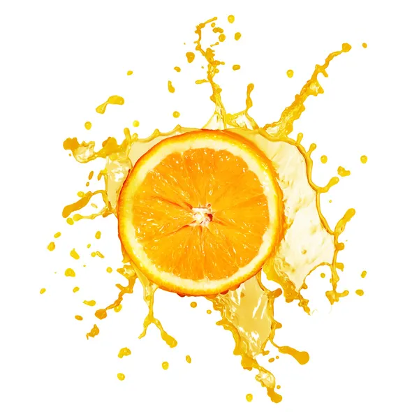 Плескание апельсинового сока, изолированное на белом — стоковое фото