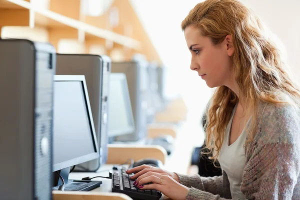 Симпатичные студент работает с компьютером — стоковое фото